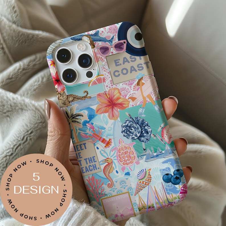 May include: A colorful phone case with a collage of beach-themed illustrations, including a seahorse, turtle, and hibiscus flowers. The case features the text "EAST COAST" and "MEET THE BEACH". A circular sticker reads "5 DESIGN".