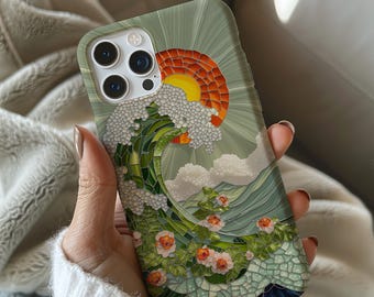 Etui na telefon z witrażem i motywem oceanu, kolorowy wzór art déco bloom, iPhone 17 16 15 14 13 12 11 Pro Max Plus, Samsung Galaxy S24 S23 S22 Ultra