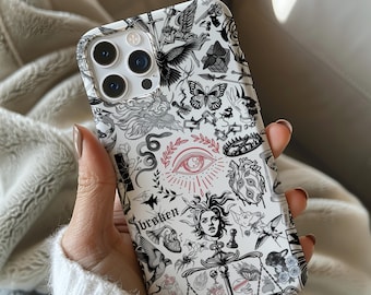 Tattoo Phone Case, Black & White, Vintage Collage, Trendy Cover, iPhone 16 15 14 13 12 Pro Max Plus, Samsung Galaxy S24 S23 S22 S21, Gift