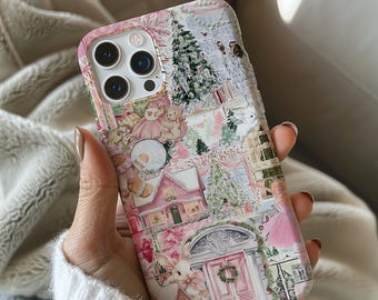 Pink Coquette Christmas Holiday Phone Case, Collage Christmas Phone Cover, iPhone 16 15 14 13 12 11 Mini Pro Max Plus, Magsafe Phone Cases