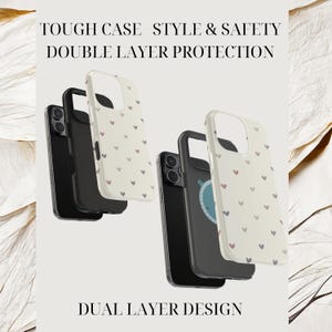 May include: Phone cases with a cream-colored background and a pattern of small red and gray hearts. The cases are shown with black phones inside. The text on the image reads: TOUGH CASE STYLE & SAFETY DOUBLE LAYER PROTECTION DUAL LAYER DESIGN.