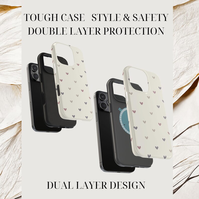 May include: Phone cases with a cream-colored background and a pattern of small red and gray hearts. The cases are shown with black phones inside. The text on the image reads: TOUGH CASE STYLE & SAFETY DOUBLE LAYER PROTECTION DUAL LAYER DESIGN.