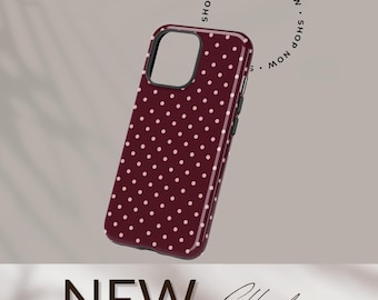 PRETTY PLEASE 水玉模様 スマホケース バーガンディ カバー iPhone 17、16、15、14 Pro Max Plus、Samsung Galaxy S24、S23、Ultra Plus Note 10 対応 ギフト