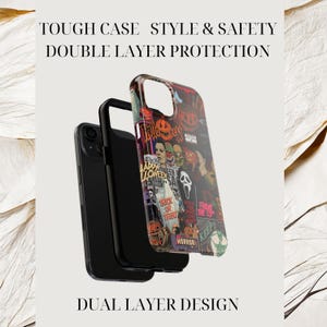 May include: Black phone case with a double-layer design, featuring a colorful collage of Halloween-themed images. The case is shown with the text "TOUGH CASE STYLE & SAFETY DOUBLE LAYER PROTECTION" and "DUAL LAYER DESIGN".
