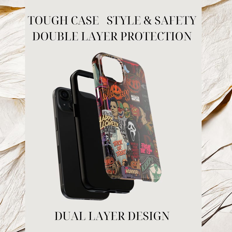 May include: Black phone case with a double-layer design, featuring a colorful collage of Halloween-themed images. The case is shown with the text "TOUGH CASE STYLE & SAFETY DOUBLE LAYER PROTECTION" and "DUAL LAYER DESIGN".