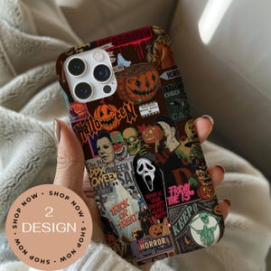 May include: A brown phone case featuring a collage of Halloween-themed images, including pumpkins, skulls, and horror movie characters. The case has the text "Halloween", "Trick or Treat", and "Friday the 13th".