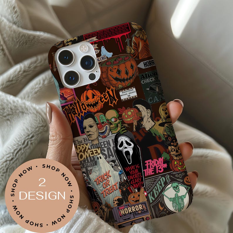 May include: A brown phone case featuring a collage of Halloween-themed images, including pumpkins, skulls, and horror movie characters. The case has the text "Halloween", "Trick or Treat", and "Friday the 13th".