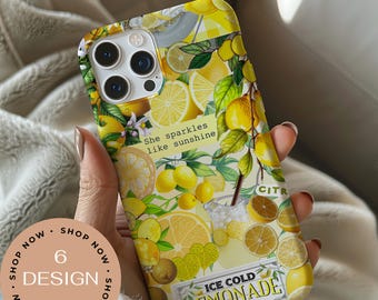 Cute Summer Lemon Phone Case Trendy Yellow Floral Cover for iPhone 16 15 14 13 12 11 PRO Max Plus, Samsung Galaxy S24, S23, S22, S21, Gift