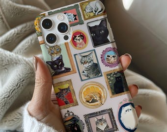 Funda para teléfono con collage de gatos vintage, regalo para iPhone 16, 15, 14, 13, 12, 11, X Pro Max Plus, Samsung Galaxy S25, S24 y S23. Ideal para amantes de los animales retro.