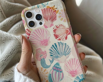 Beachy Tropical Phone Case, Vintage Seashell Pattern Phone Case, iPhone 16 15 14 13 12 11 Pro Max Plus, Samsung Galaxy S24 S23 S22, S21 Gift