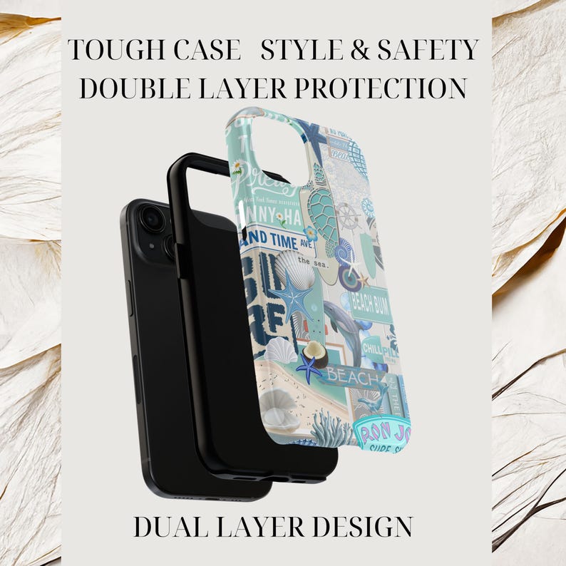 May include: A black phone case with a dual-layer design, featuring a colorful beach-themed pattern. The design includes images of a dolphin, seashells, and text that reads "Sunny Ha" and "Beach Bum". The case is labeled "Tough Case Style & Safety".