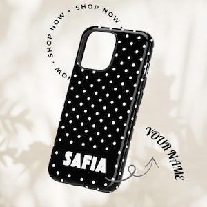 iPhone 16 15 14 13 12 11 PRO Max Plus、Samsung Galaxy S24、S23、S22、S21、Ultra FE Plus Note 10 カバー用トゥルーブラック ポルカドット スマホケース