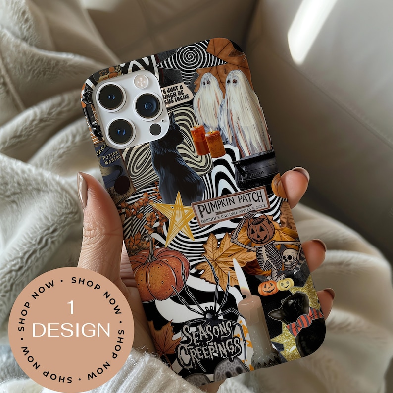 May include: A Halloween-themed phone case featuring a collage of spooky images. The design includes ghosts, pumpkins, a black cat, a raven, and the text "Pumpkin Patch" and "Seasons Creepings". The case has a black and white striped background.