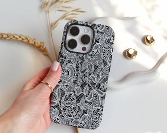 Black Lace Floral Phone Case, Elegant Vintage Aesthetic, Romantic Pattern iPhone Case For Air