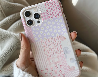 Pastel Patchwork Floral Phone Case, Soft Cottagecore Coquette Aesthetic,iPhone 16 15 14 13 12 11 X Pro Max Plus Samsung S25 S24 S23 S22 S21