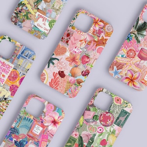 May include: Five different phone cases with a collage of colorful images, including flowers, fruit, and other patterns. The cases are all white with a pink and blue color scheme.