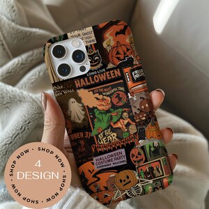 May include: A Halloween-themed phone case featuring a collage of vintage-style illustrations. The design includes pumpkins, ghosts, and the text "Long Live Halloween." The case has a mix of orange, black, and green colors.