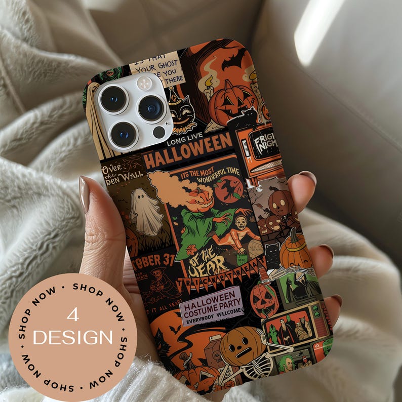 May include: A Halloween-themed phone case featuring a collage of vintage-style illustrations. The design includes pumpkins, ghosts, and the text "Long Live Halloween." The case has a mix of orange, black, and green colors.