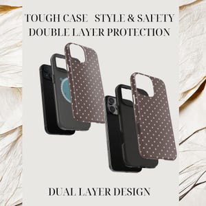 May include: Image of phone cases with a dual-layer design. The cases are brown with white polka dots. The image includes the text "TOUGH CASE STYLE & SAFETY DOUBLE LAYER PROTECTION" and "DUAL LAYER DESIGN".