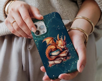 Dragon phone case, Fantasy book theme iPhone 16 15 14 13 12 cover, Literary lover Samsung galaxy, Grunge collage, Mythical magical library