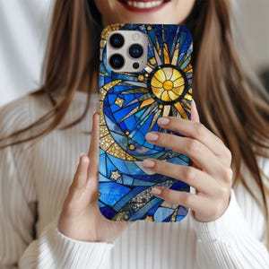 Faux Stain Glass Starry Night Sky Phone Cover, 3D Celestial Stained Glass Moon & Stars Phone Case, iPhone 16 15 14 13 12, Galaxy S23 S22 S21
