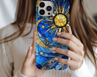 Funda para teléfono con cielo estrellado y vitrales falsos, diseño 3D de luna y estrellas celestiales, para iPhone 16, 15, 14, 13 y 12, Galaxy S23, S22 y S21