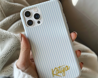 パーソナライズされたストライプ柄の携帯電話ケース、ゴールドのカスタムイニシャル、iPhone 17 16 15 14 13 12 Pro Max Plus Mini、Samsung Galaxy S24、S23、Plus Note、GIF
