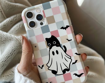 Ghost Black Cat Halloween Phone Case for MagSafe iPhone 16 15 14 13 12 PRO Max Plus, Samsung Galaxy S24, S23 Spooky Whimsical Cute Horror
