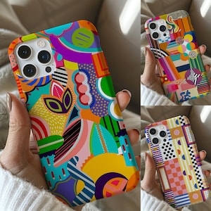 Funda retro para iPhone con estampados geométricos de flores coloridas y estilo pop art de los 70. Ideal para iPhone 16, 15, 14, 13, 12 y 11 Pro Max Plus. Ideal como regalo.