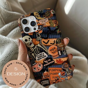 May include: A Halloween-themed phone case with a collage of spooky illustrations. The design includes a skeleton, pumpkins, bats, and the phrases "Trick or Treat" and "It's just a bunch of hocus pocus." The case has a textured appearance.