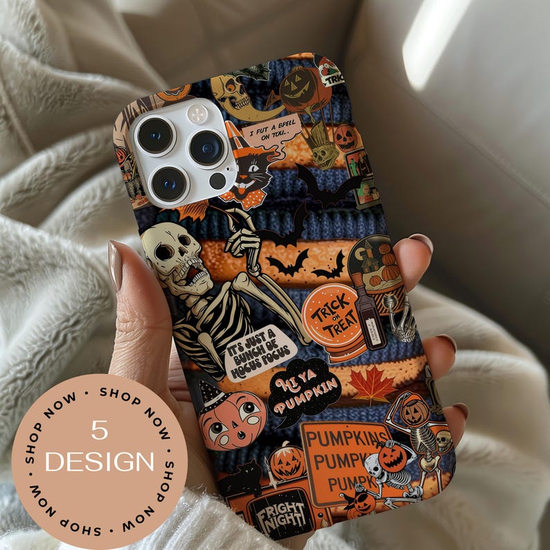 May include: A Halloween-themed phone case with a collage of spooky illustrations. The design includes a skeleton, pumpkins, bats, and the phrases "Trick or Treat" and "It's just a bunch of hocus pocus." The case has a textured appearance.