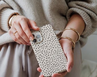 Coque pour IPHONE BOHO tendance à pois noirs, nouvel iPhone 13 14 15 16 Pro Max Plus Mini, jolie coque de téléphone compatible, cadeau pour elle
