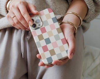 BOHO CHECKERED Case Cute Neutral Phone Cover New iPhone 16 15 14 13 Pro Max Plus Mini Trendy Phone Accessories Gift For Her Sweet 16