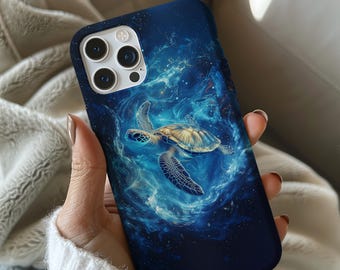 May include: A blue and black phone case with a sea turtle swimming in a galaxy-like pattern. The case has a camera lens cutout and a white border.