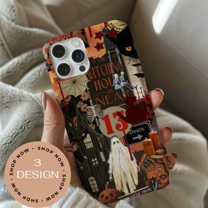 May include: A Halloween-themed phone case featuring a collage of spooky illustrations. The design includes a haunted house, a ghost, a black cat, and the text "The Witching House is Near". The case has a circular sticker that says "3 DESIGN".