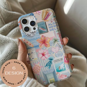May include: A phone case with a collage design featuring tropical elements. The case includes images of seashells, hibiscus flowers, a surfboard, and the text "COASTAL LIFE". The design is set against a light blue and pink striped background.
