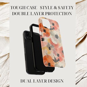 May include: A dual-layer phone case with a floral design. The case is black and has a clear back with a watercolor-style floral pattern in shades of orange, pink, and yellow. The text "TOUGH CASE STYLE & SAFETY DOUBLE LAYER PROTECTION" is at the top of the image, and the text "DUAL LAYER DESIGN" is at the bottom.