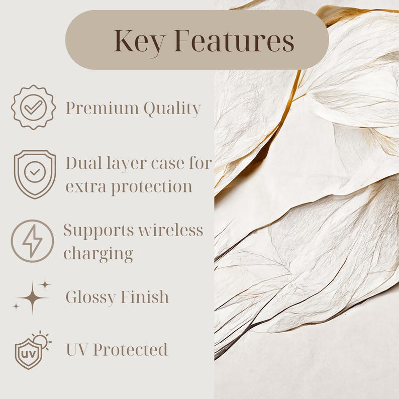 May include: Image showcasing product features: Premium Quality, Dual layer case for extra protection, Supports wireless charging, Glossy Finish, and UV Protected. The text is displayed on a light beige background with a decorative leaf design.