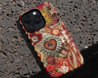 Sacred Heart Sun Illustration Red, Vintage Mosaic Print Phone Case, Phone Case For iPhone 16 15 14 13 12 11 PRO Max, Samsung S24, S23, S22