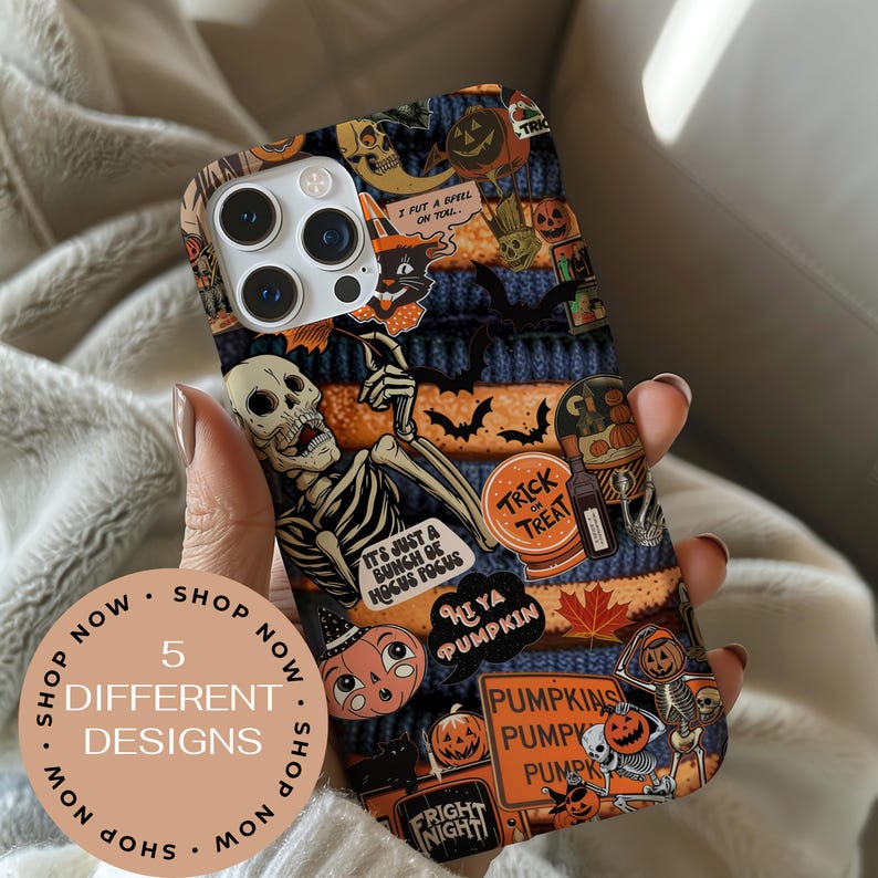 May include: A Halloween-themed phone case featuring a collage of spooky illustrations. The design includes a skeleton, pumpkins, bats, and the phrases "Trick or Treat" and "It's just a bunch of Hocus Pocus." The case has a textured, blue and orange background.