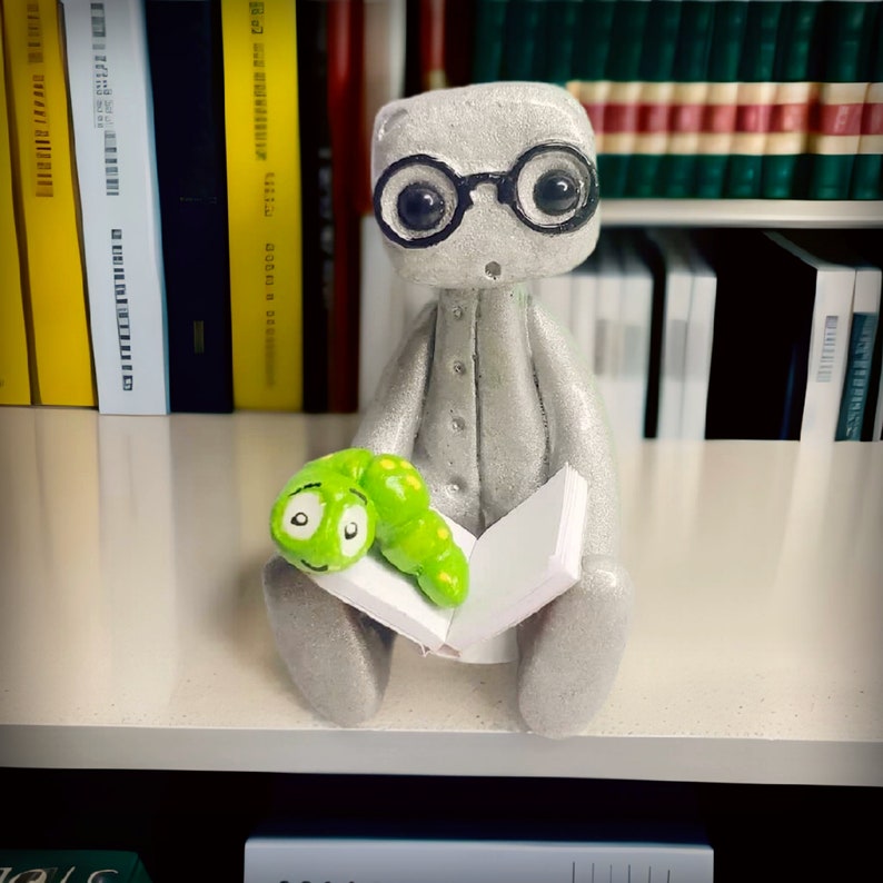 Book Worm Robot Figure Resin Art Toy Book Lover Gift Desk Decor image 1