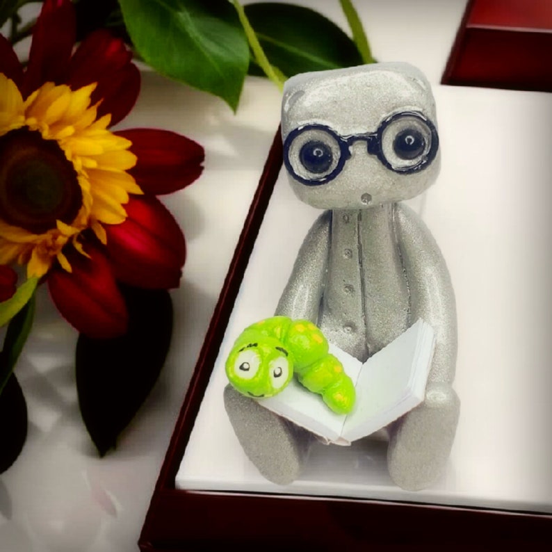 Book Worm Robot Figure Resin Art Toy Book Lover Gift Desk Decor image 6