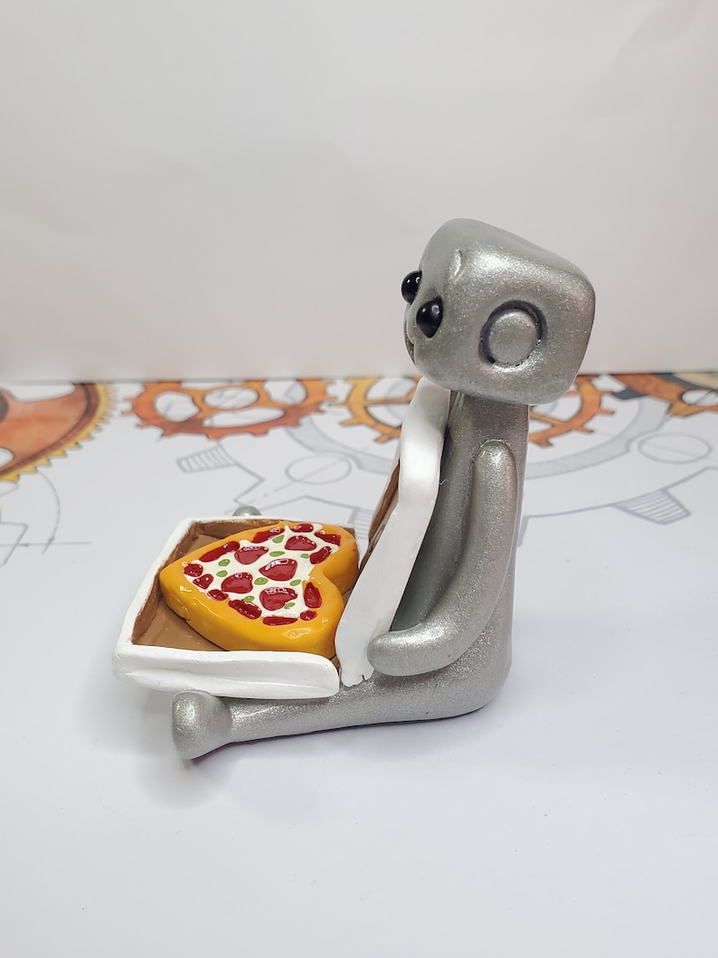 Pizza My Heart Robot Figurine Resin Desk Shelf Decor Gift image 2