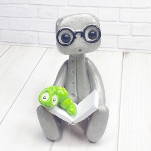 Book Worm Robot Figure Resin Art Toy Book Lover Gift Desk Decor image 3