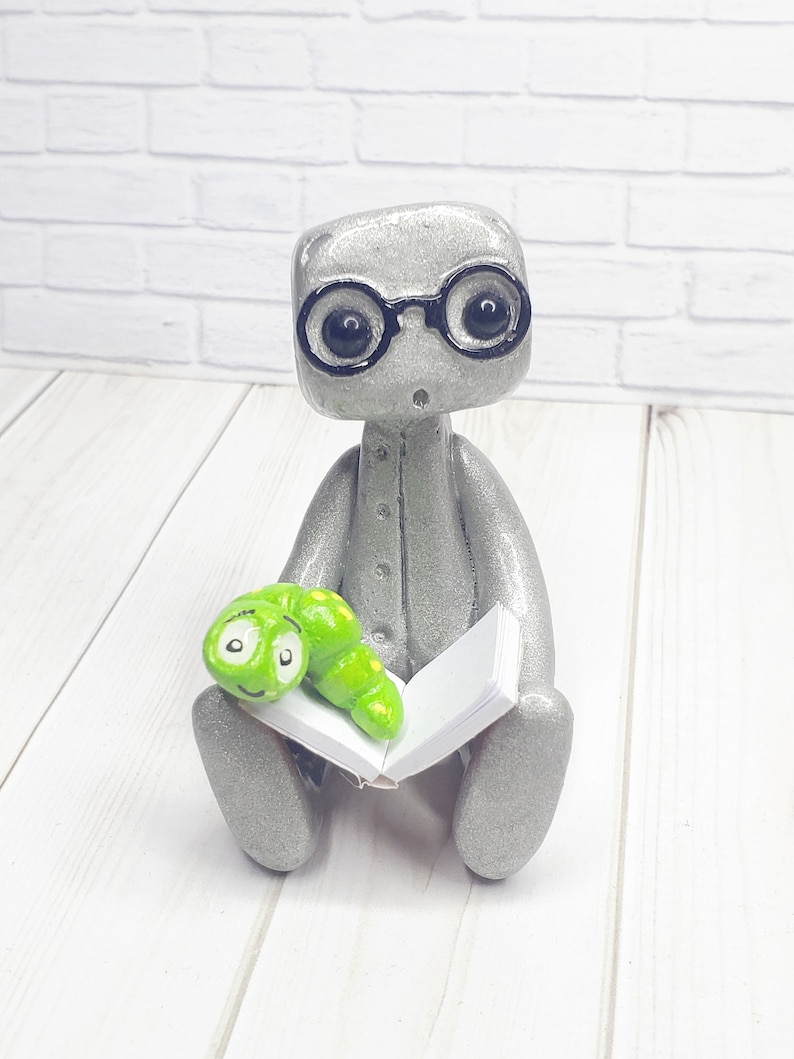 Book Worm Robot Figure Resin Art Toy Book Lover Gift Desk Decor image 3