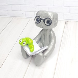 Book Worm Robot Figure Resin Art Toy Book Lover Gift Desk Decor image 2