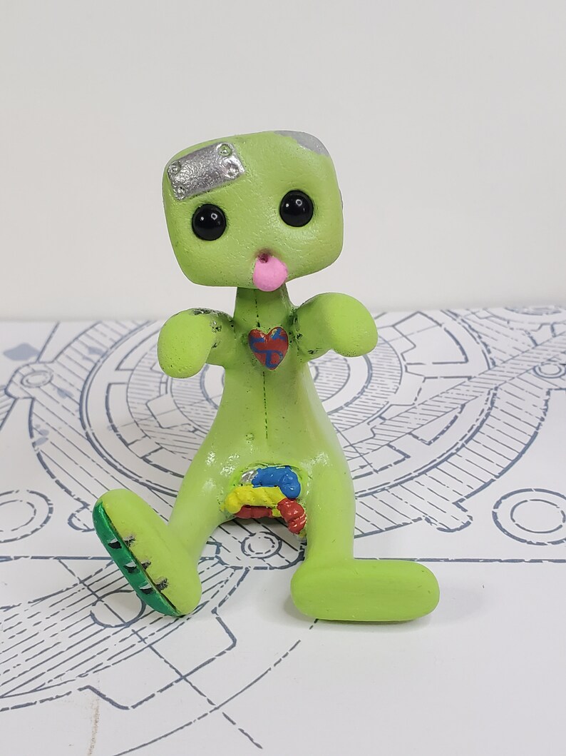 Zombie Robot Figure Green Resin Art Toy Kawaii Desk Friend Gift image 2