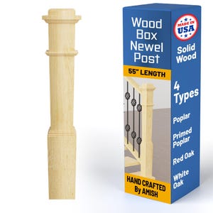 May include: A light-coloured wooden newel post, 140 cm in length, with a decorative design. The image also shows a box with text that reads "Wood Box Newel Post" and lists four wood types: Poplar, Primed Poplar, Red Oak, and White Oak. The box also states "Hand Crafted By Amish."