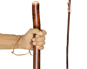 Rustic Wooden Walking Stick with Leather Wrist Strap – Handcrafted Hardwood Hiking Staff