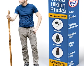 May include: A 55-inch wooden hiking stick with a leather strap and a black rubber tip. The packaging features the text Wood Hiking Sticks, 55-inch Large Adult, Made in USA, Whistle, Compass, Safety, and Hand Crafted By Amish with icons.